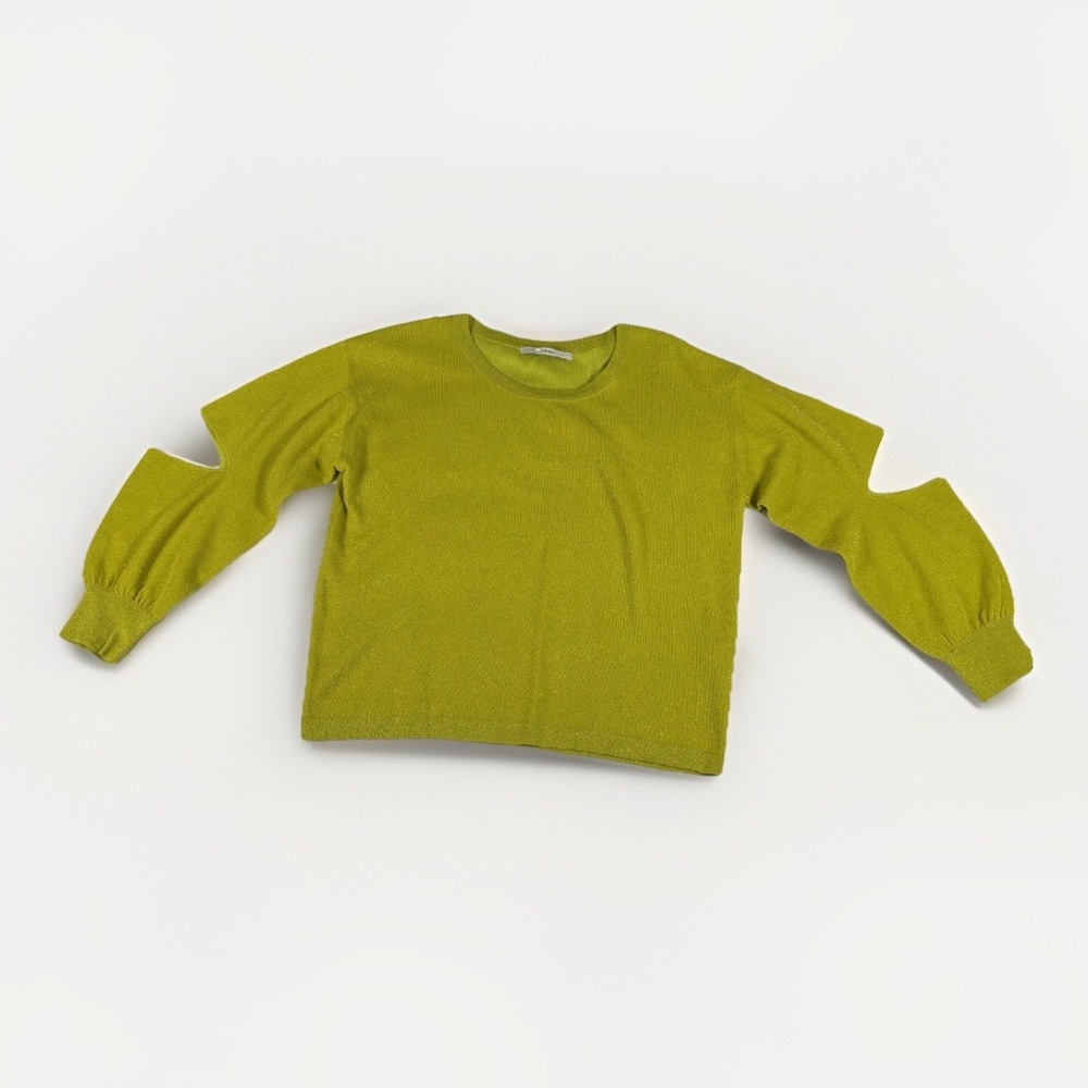UTERQUE Sweater Womens Small Lime Green Knit‎ Cutout Sleeve Crew Neck Modern